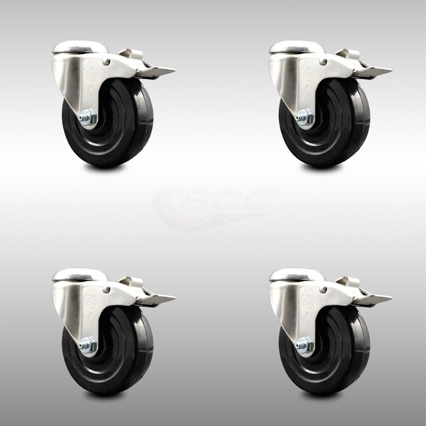 4 Inch 316SS Hard Rubber Wheel Swivel Bolt Hole Caster Set with Lock Brake SCC